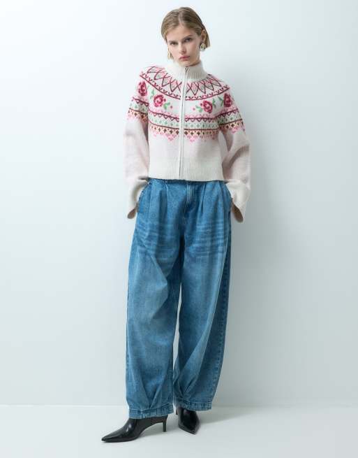 Miss Selfridge zip funnel neck cardigan with fairisle pattern, 2 of 5