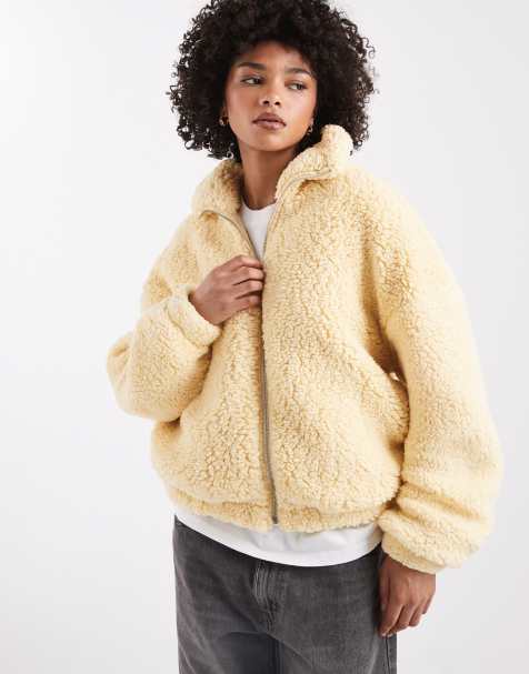 Miss Selfridge zip through borg jacket in butter milk