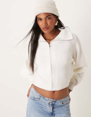 zip through collar detail cardigan in cream-White