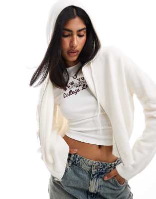 zip through crop knit hoodie in cream-White