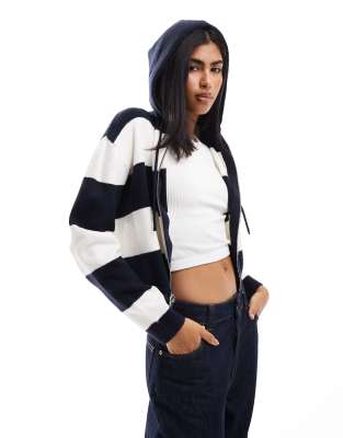 zip through crop knit hoodie in mono stripe-White