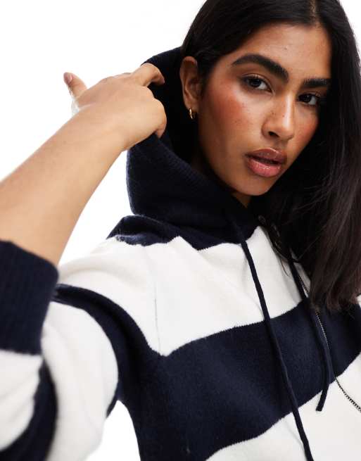 Miss Selfridge zip through crop knit hoodie in mono stripe, 3 of 4
