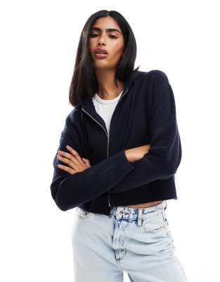 Miss Selfridge Miss Selfridge zip through crop knit hoody in navy