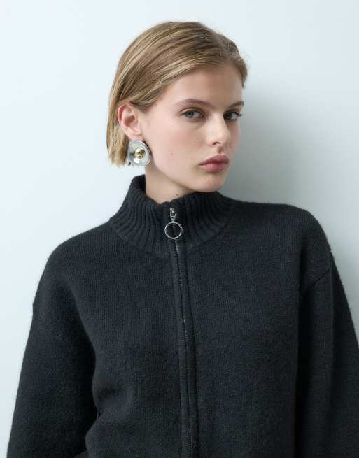 Miss Selfridge zip through funnel cardigan in black, 2 of 5