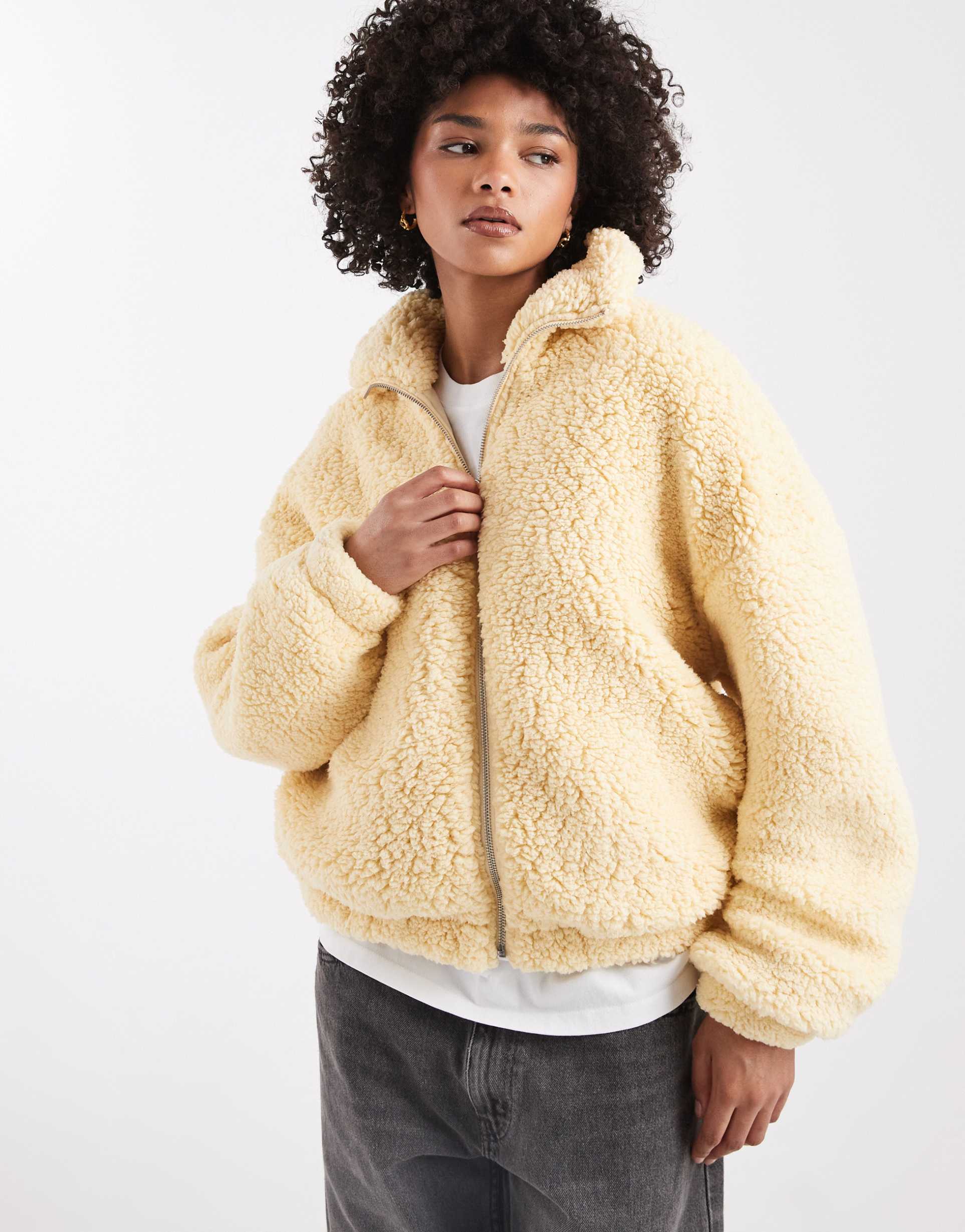 miss selfridge zip up borg jacket in butter milk