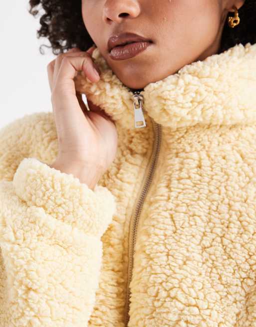 Miss Selfridge zip up borg jacket in butter milk, 2 of 4