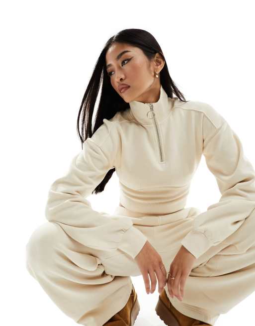 Miss Selfridge zip up cropped sweat in cream (part of a set)