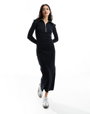 Miss Selfridge Zip Up Long Sleeve Midi Dress In Black