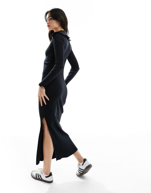 knee length dresses for ladies Miss Selfridge Fitted Knit Lattice Back Maxi Dress In Black