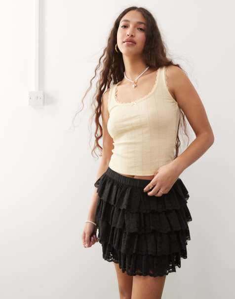 Miss Selfridge lace trim pointelle vest in yellow