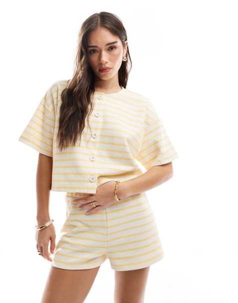 Miss Selfridge ribbed button up stripe short sleeve cardigan in butter