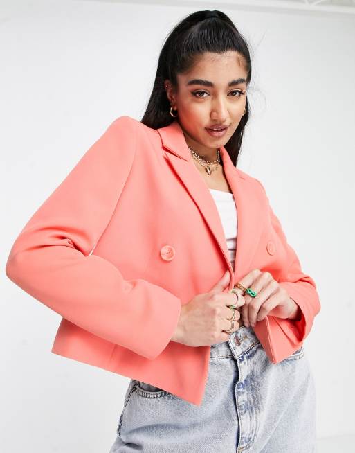 Miss Selfridge – Zweireihiger Blazer mit kurzem Schnitt in Koralle, 2 von 4