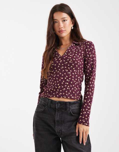 Miss Selfrige long sleeve polo top in ditsy print - view 1