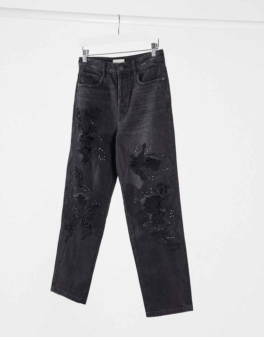Miss Sixty - Declan - Distressed mom jeans met versiering-Zwart