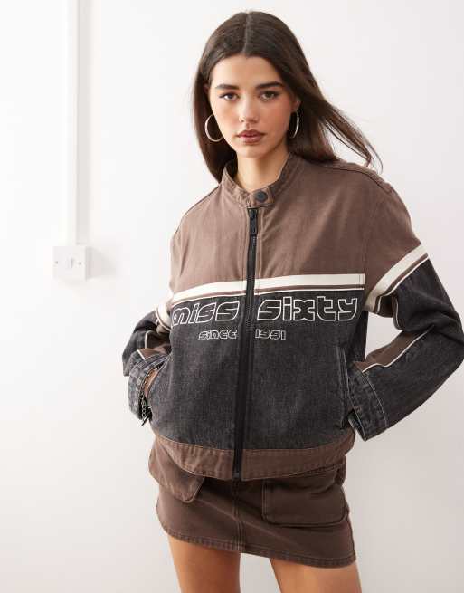 Miss Sixty denim motocross jacket in black and brown with logo applique - part of a set