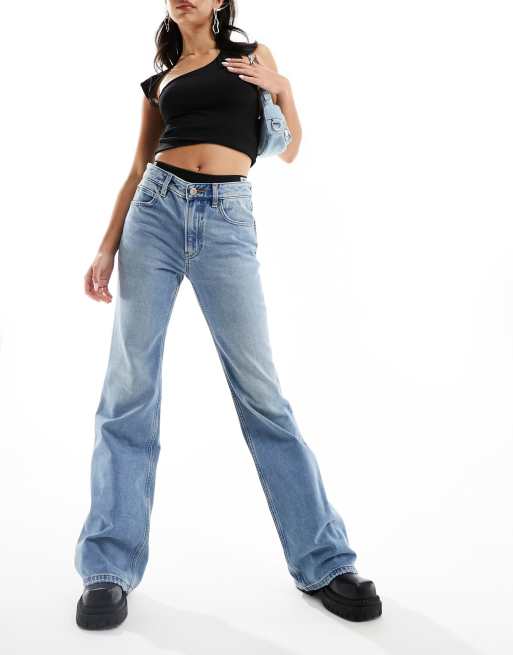 Miss Sixty flared denim jeans with double layered thong trim in lightwash  blue