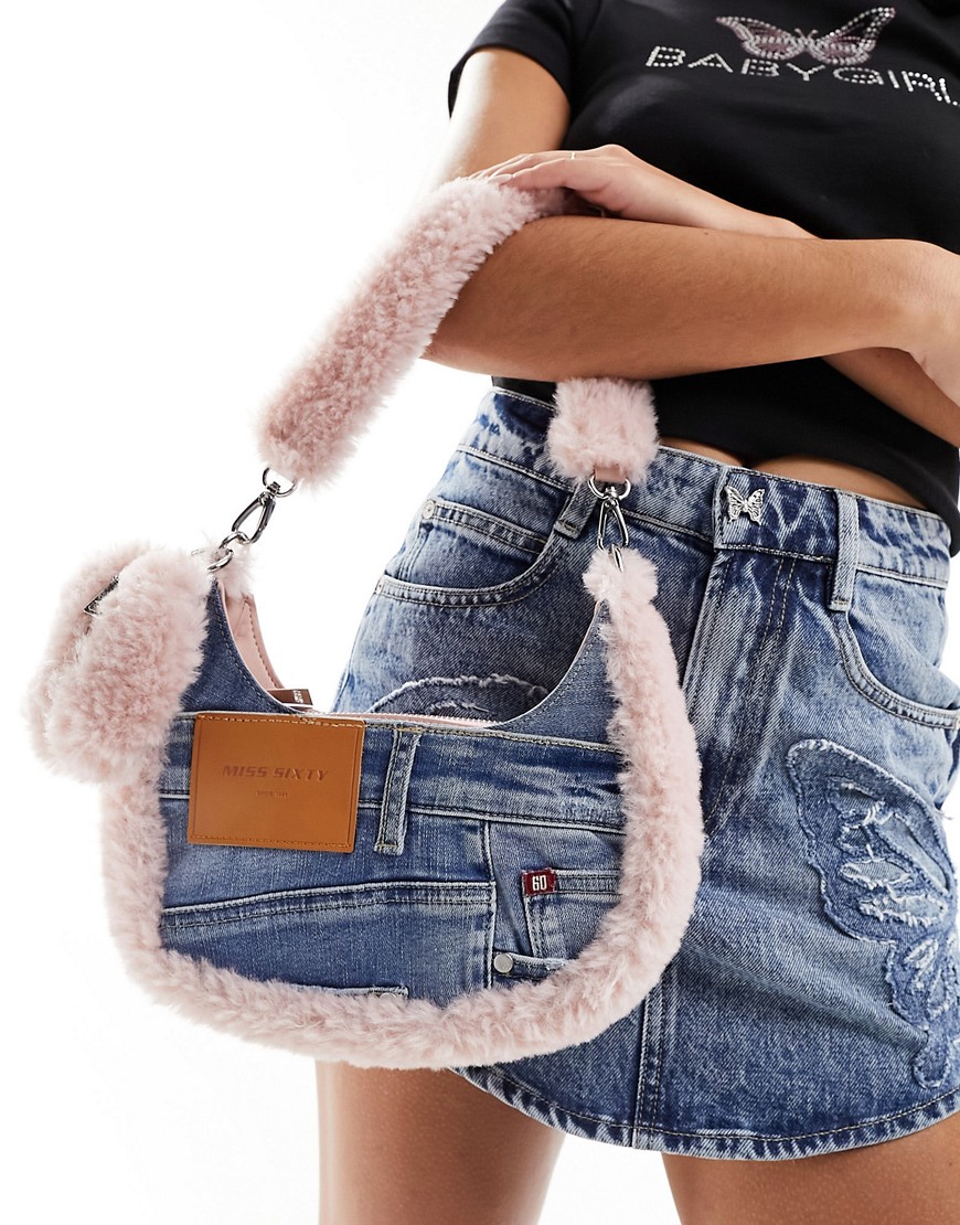Miss Sixty mini denim handbag pink faux fur details in light wash blue