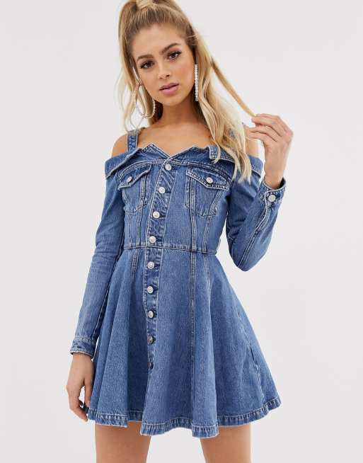 Miss Sixty off the shoulder flare denim dress with button detail