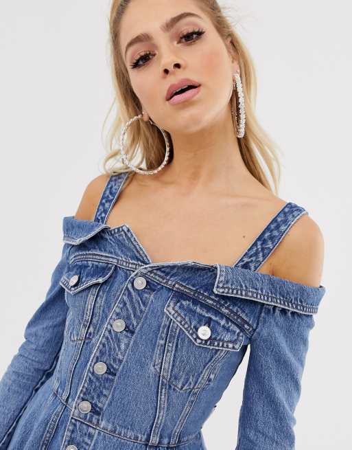 Miss Sixty off the shoulder flare denim dress with button detail