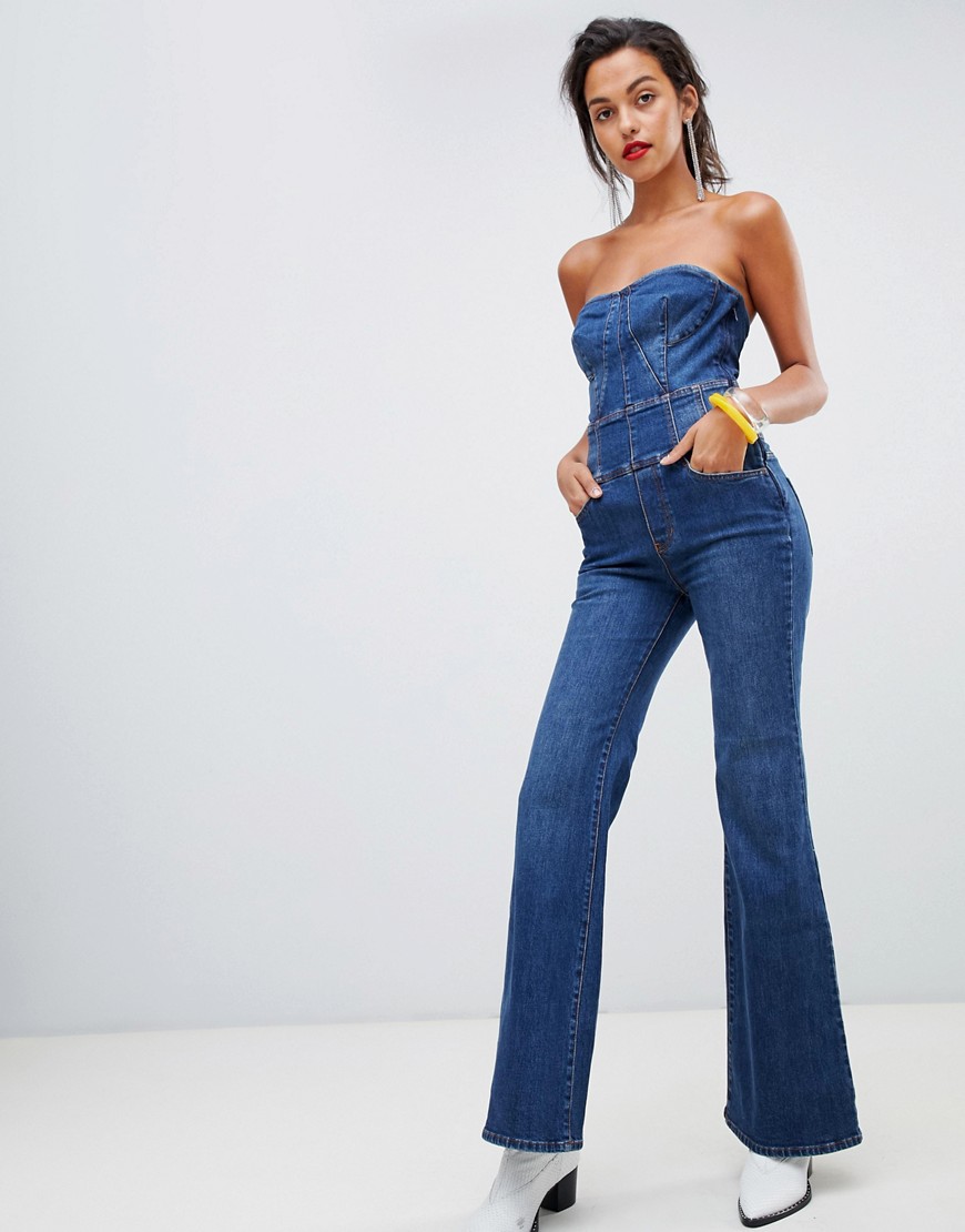 Miss Sixty - Tuta jumpsuit di jeans cropped a zampa senza spalline-Blu