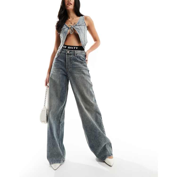 Miss Sixty wide leg denim jeans with double layered boxers trim in
