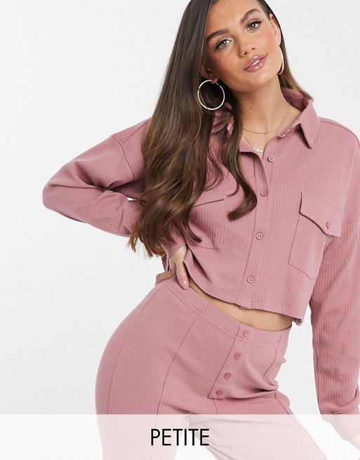 Missguded Petite co-ord ribbed crop shirt in rose