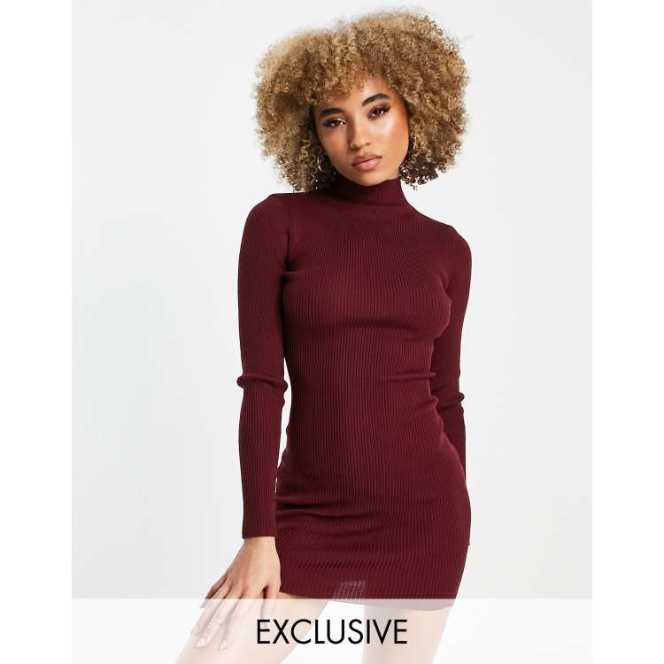 Missgudied high neck ribbed knit mini dress in burgundy