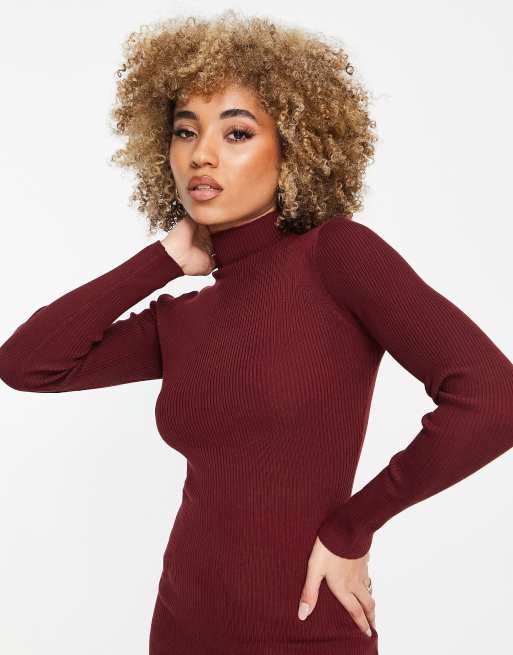 Buy Sinsay women long sleeve mock neck ribbed mini dress maroon