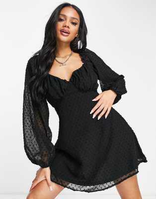 Missguided Missgudied milkmaid dobby skater mini dress in black