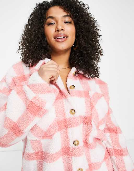 Missgudied Plus teddy shacket in check print
