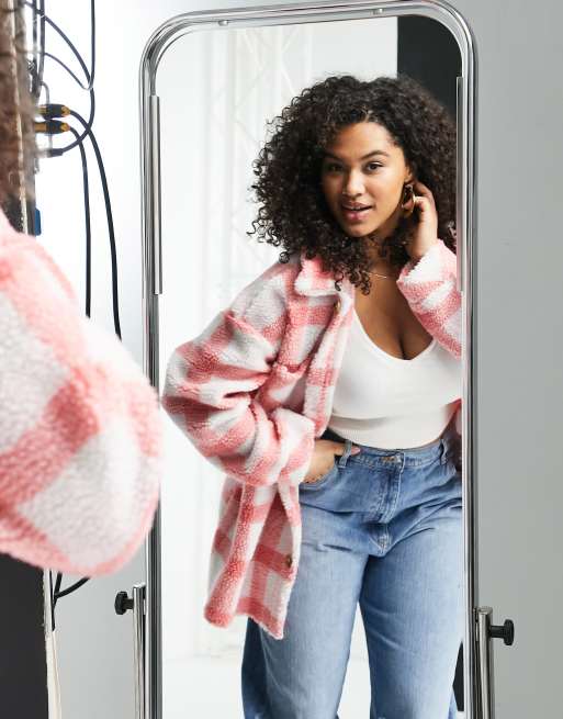 Missgudied Plus teddy shacket in check print