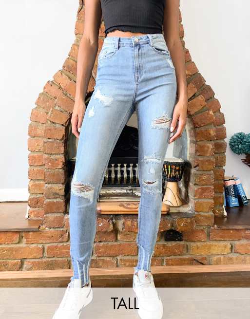 Missguided Tall straight leg jeans with rips in light wash