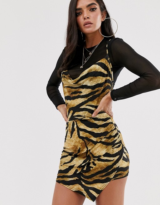 Missguided 2 in 1 tiger print dress with mesh underlay
