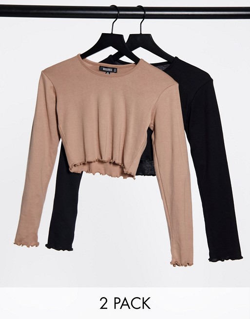 Missguided 2 pack long sleeve crop tops in black and camel