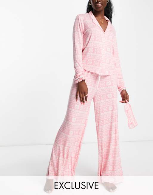 Missguided - 5-delt pyjamassæt i lyserød med print