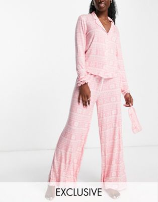 Missguided 5 piece pyjama set in pink novelty print