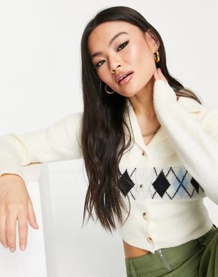 Missguided argyle button front cardigan in cream