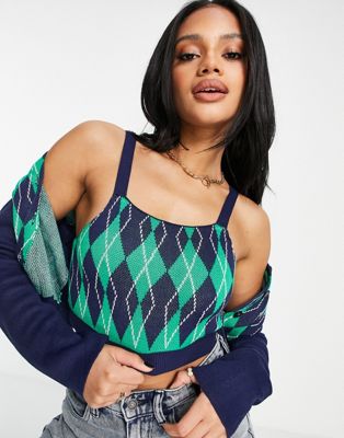 Missguided argyle crop top & cardigan set in green-Blue