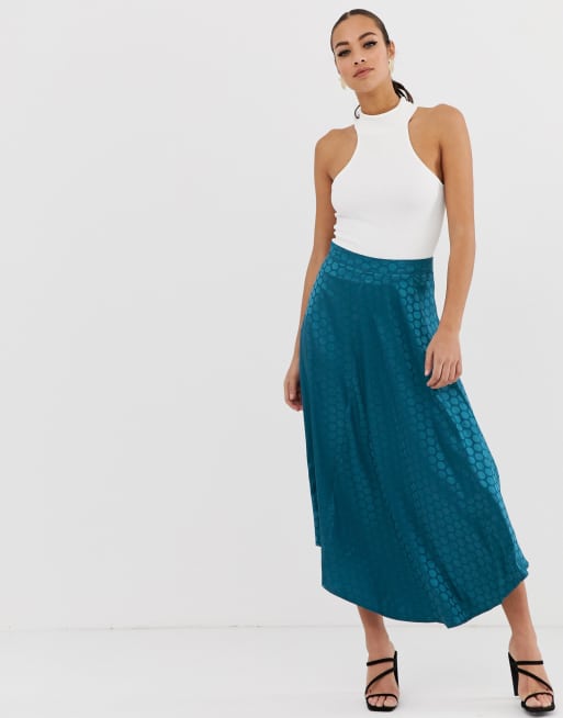 Missguided - Asymmetrische midirok met stippen in groenblauw