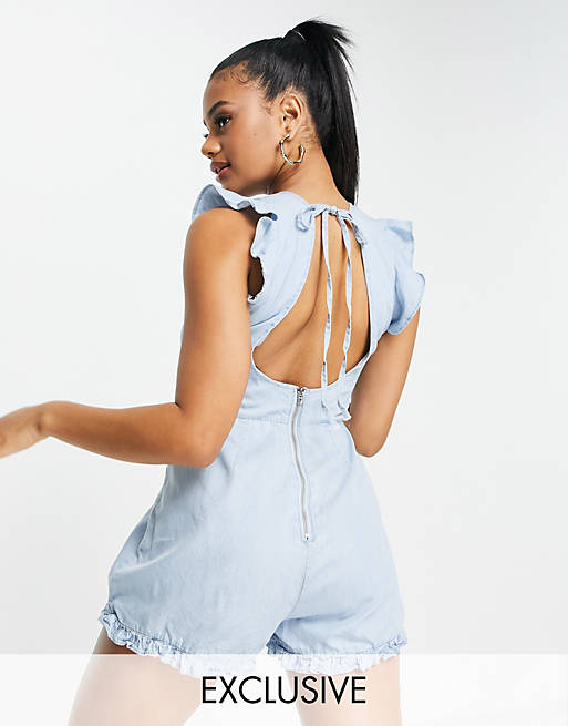 Missguided backless playsuit with frill detail in blue chambray