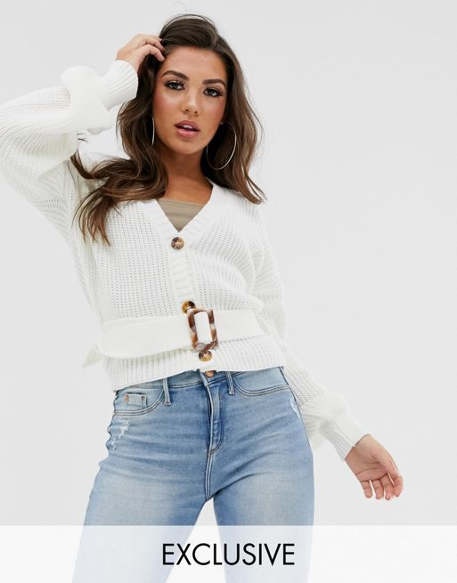 Missguided Balloon Sleeve Cardigan With Belted Waist In Cream Asos 