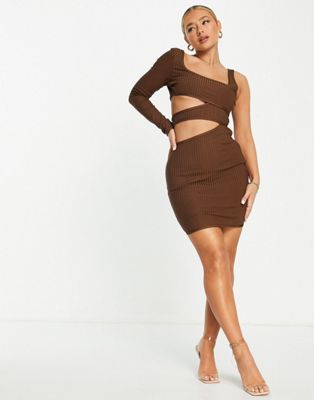 Missguided bandage one shoulder bodycon dress in chocolate