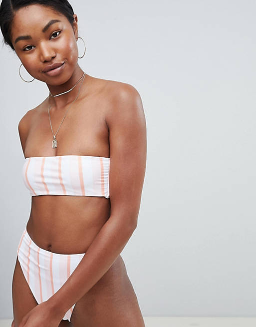 Missguided bandeau bikini top in white pastel stripe