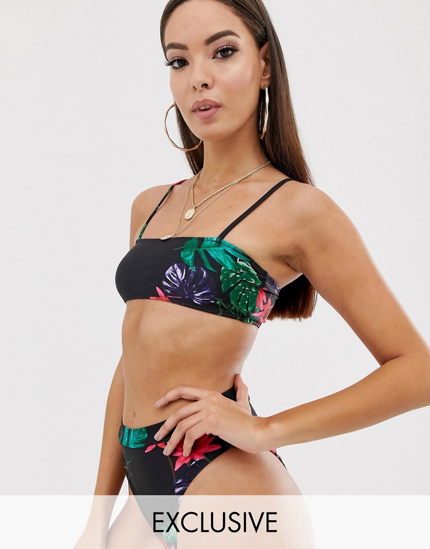 Missguided - Bandeau-bikinitop met bandjes en zwarte bloemenprint-Multi