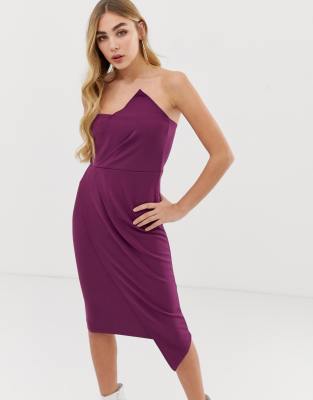 Missguided bandeau origami midi dress in plum-Purple