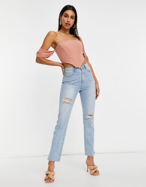 Missguided bardot corset top in blush, 4 of 4