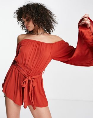 Missguided bardot crinkle viscose playsuit in rust