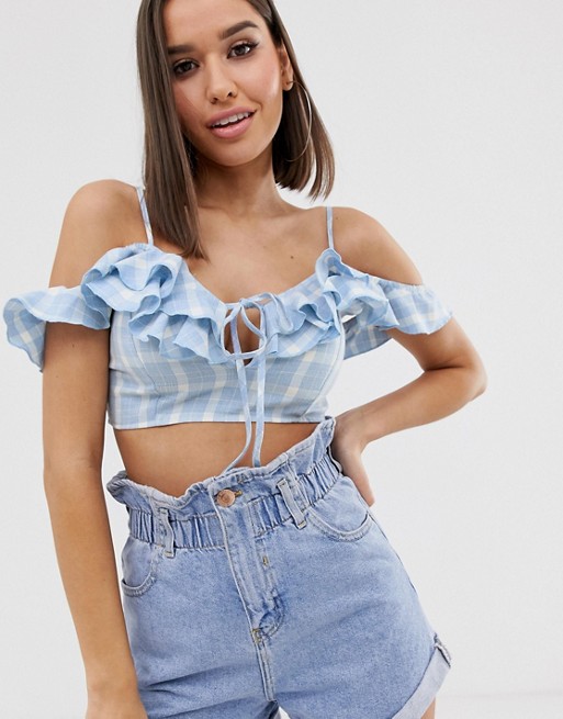 Missguided bardot crop top in blue gingham check | ASOS