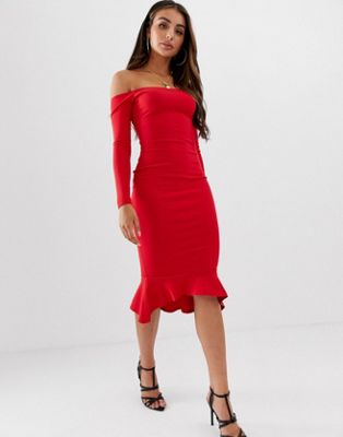 red bardot fishtail midi dress