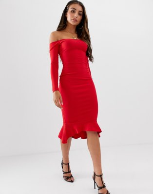 missguided bardot fishtail midi dress